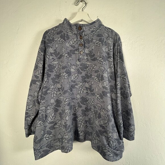 Lands' End Womens Blue Leaf Print Cotton Blend Pullover Top 2X 20W-22W Casual - Picture 1 of 9